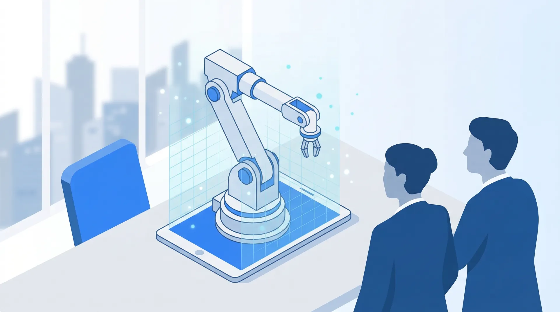 タブレットから産業用ロボットアームのARホログラムが浮かび上がる営業シーン